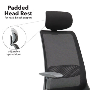 Holden mesh back operator chair with black fabric seat and headrest-Aluminium base and arms with black mesh back