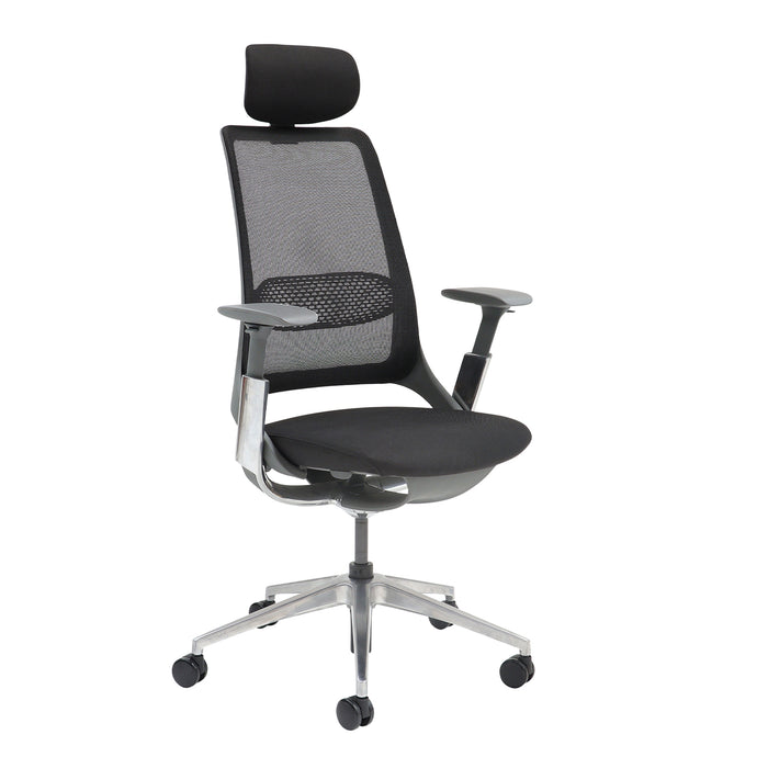 Holden mesh back operator chair with black fabric seat and headrest-Aluminium base and arms with black mesh back