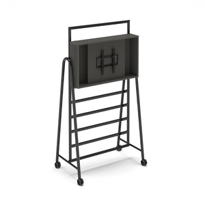 Show media unit add-on with TV bracket for mobile A-frame caddy system