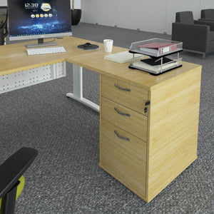 Universal desk high 3 drawer pedestal with flyover top