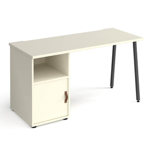 Sparta straight desk with A-frame leg and support pedestal with cupboard door