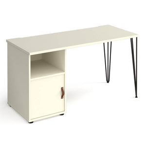 Tikal straight desk with hairpin leg and support pedestal with cupboard door