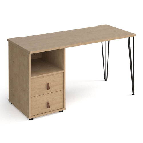 Tikal straight desk with hairpin leg and support pedestal with drawers