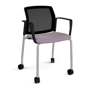 Santana 4 leg mobile chair with fabric seat and mesh back with Castors and Fixed Arms