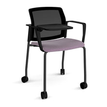 Load image into Gallery viewer, Santana 4 leg mobile chair with fabric seat and mesh back with Castors, Arms and Writing Tablet